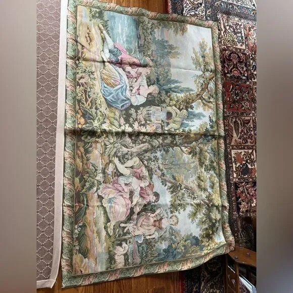 Vintage French Tapestry Wall Hanging - Romantic Pastoral Scene - Picture 3 of 6